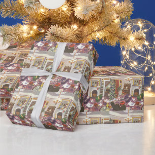 Vintage Christmas Wrapping Presents in Living Room Wrapping Paper
