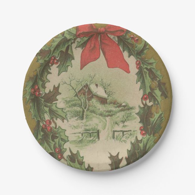 Vintage Christmas Wreath and Winter Cabin Paper Plate (Front)