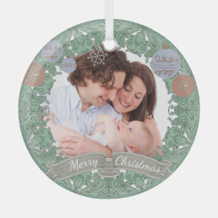 Vintage Christmas Wreath Custom Photo Glass Ornament