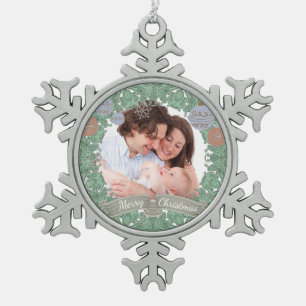 Vintage Christmas Wreath Custom Photo Snowflake Pewter Christmas Ornament