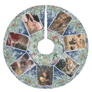 Vintage Christmas Wreath Family Photo Collage Brushed Polyester Tree Skirt