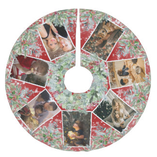 Vintage Christmas Wreath Family Photo Collage Brushed Polyester Tree Skirt