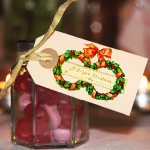 Vintage Christmas Wreath Garland Gift Label Tag