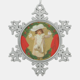 Vintage Christmas Wreath Girl Snowflake Pewter Christmas Ornament