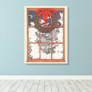 Vintage Christmas Wreath in a Window with Snow Canvas Print