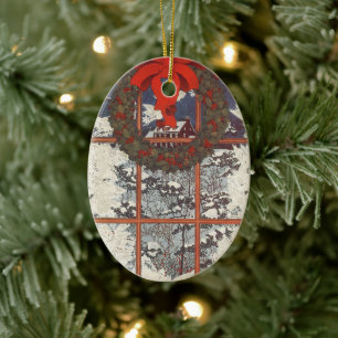 Vintage Christmas Wreath in a Window with Snow Ceramic Ornament