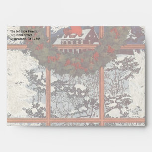 Vintage Christmas Wreath in a Window with Snow Envelope
