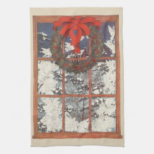 Vintage Christmas Wreath in a Window with Snow Kitchen Towel