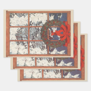 Vintage Christmas Wreath in a Window with Snow Wrapping Paper Sheet