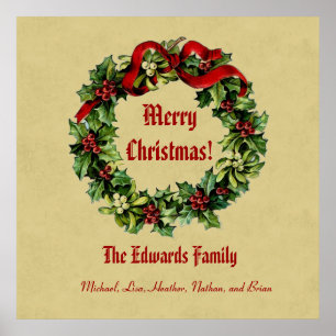 Vintage Christmas Wreath Merry Christmas Ecru 02 Poster