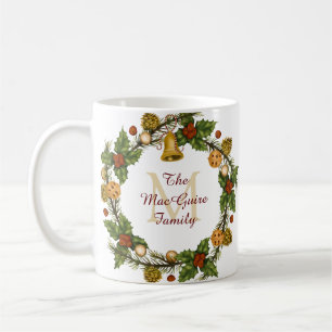 Vintage Christmas Wreath Monogram Initial Coffee Mug