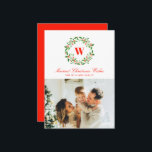 Vintage Christmas Wreath Monogram Photo Holiday Card<br><div class="desc">An elegant wreath of holly and mistletoe accents family name one letter monogram on this single landscape photo Christmas holiday card in classic shades of red and green. Add a longer custom message to the backer of the card for greater personalization options and make your card truly one of a...</div>