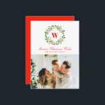 Vintage Christmas Wreath Monogram Photo Holiday Card<br><div class="desc">An elegant wreath of holly and mistletoe accents family name one letter monogram on this single landscape photo Christmas holiday card in classic shades of red and green. Add a longer custom message to the backer of the card for greater personalization options and make your card truly one of a...</div>