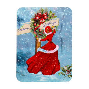 Vintage Christmas wreath red glitter girl  Magnet