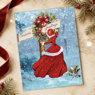 Vintage Christmas wreath red glitter girl snow Postcard