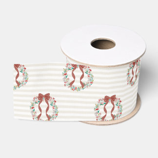 Vintage Christmas Wreath Watercolor Stripe (Cream) Grosgrain Ribbon