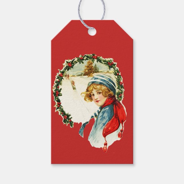 VINTAGE CHRISTMAS WREATH WITH BOY Gift Tag (Front)