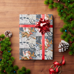 Vintage Christmas WW2 Santa On Plane Wrapping Paper