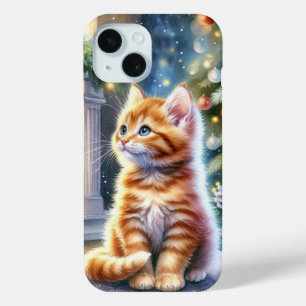 Vintage Christmas Yellow Kitten  iPhone 15 Case