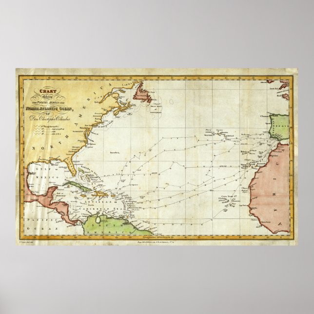 Vintage Christopher Columbus Voyage Map (1828) Poster (Front)