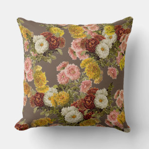 Vintage Chrysanthemum Flowers on Dark Brown Mocha Throw Pillow