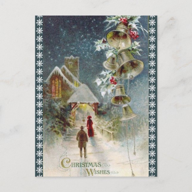 Vintage Church and Bells Christmas Holiday Postcard (Front)