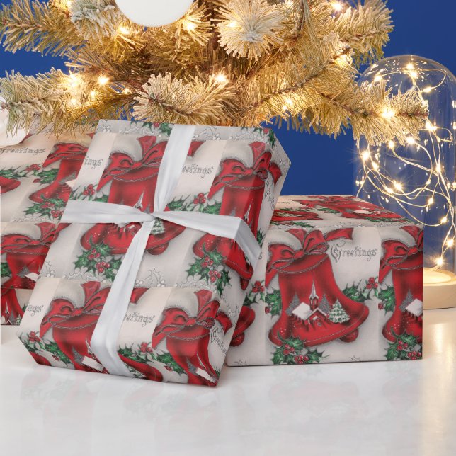 Vintage Church Bell Christmas Greetings Wrapping Paper (Holidays)