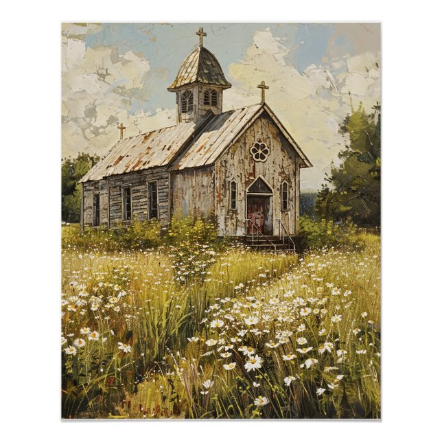 Vintage Church in a Meadow Poster (Front)
