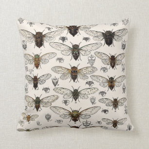 Vintage Cicadas Illustration Throw Pillow