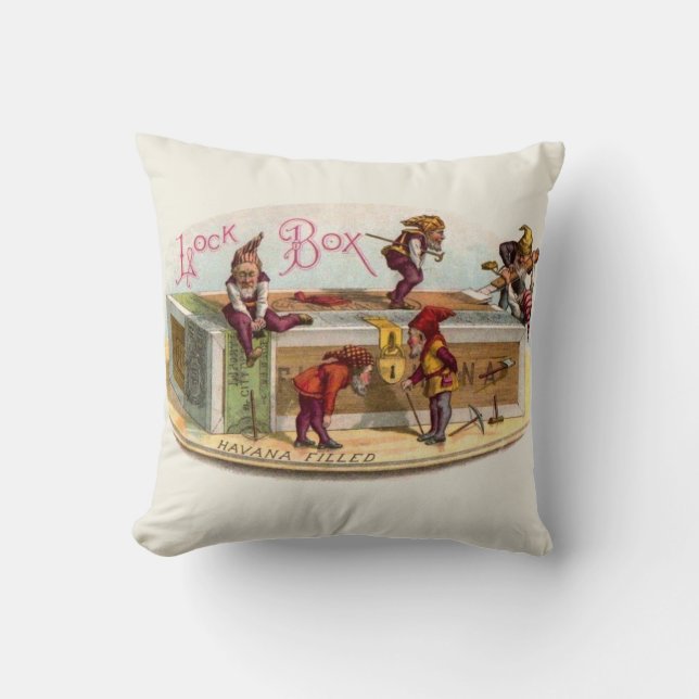 Vintage Cigar Box Gnomes Throw Pillow (Front)