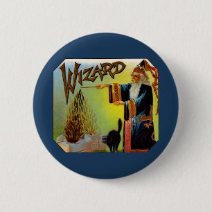 Vintage Cigar Label Art Magic Act, Wizard with Cat 2 Inch Round Button