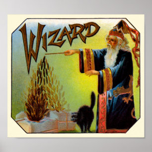 Vintage Cigar Label Art Magic Act, Wizard with Cat Poster
