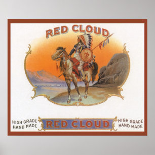 Vintage Cigar Label Art, Red Cloud Indian on Horse Poster