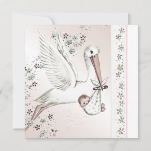 Vintage cigogne rose bébé fille douche Invitations