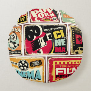 Vintage cinema tin signs collection. Movie industr Round Pillow