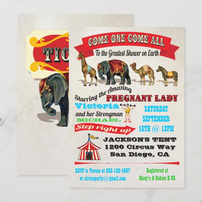 Vintage Circus Animals Baby Shower Invitations (Front/Back)