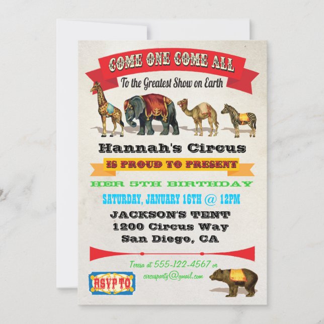 Vintage Circus Animals Birthday Party Invitations (Front)