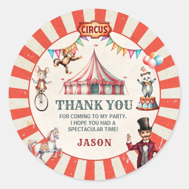 Vintage Circus Carnival Birthday  Classic Round Sticker (Front)