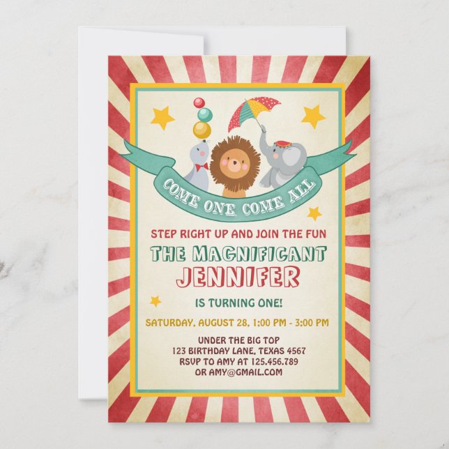 Vintage Circus carnival birthday invitation (Front)