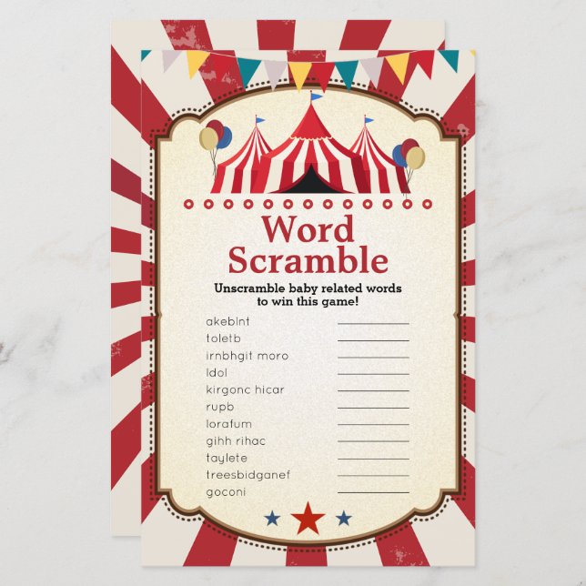 Vintage Circus Carnival Word Scramble Games (Front/Back)