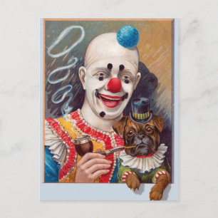 Vintage Circus Clown with his Circus Pug Dog Postcard