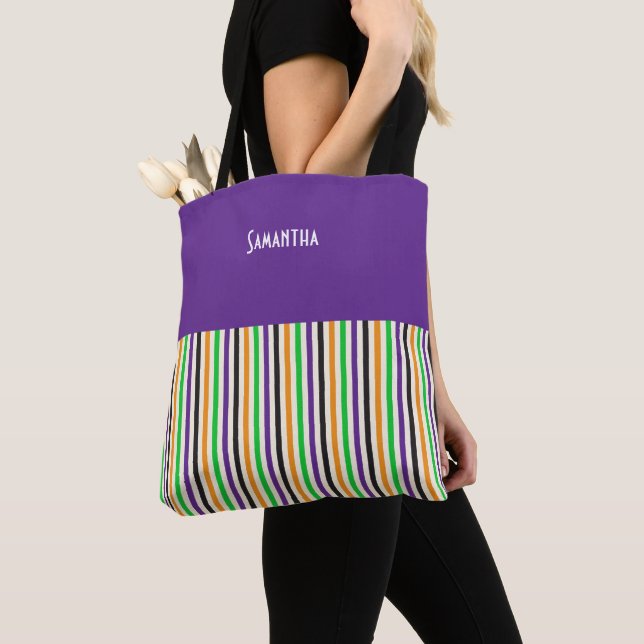 Vintage Circus Colourful Vertical Stripes Name Tote Bag (Close Up)