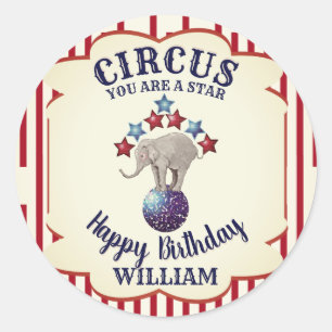 Vintage Circus Elephant Birthday Party Favour Classic Round Sticker