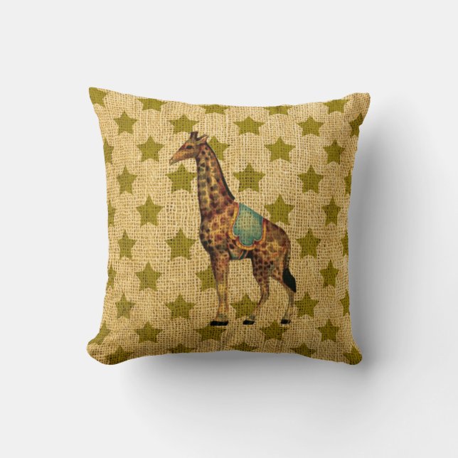 Vintage Circus Giraffe on Green Stars Throw Pillow (Front)