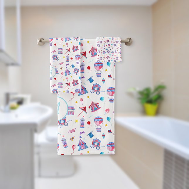 Vintage Circus Pattern | Turquoise Blue Bath Towel Set (Creator Uploaded)