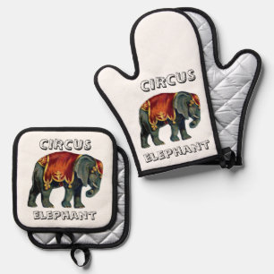Vintage circus performing elephant circus , poste oven mitt & pot holder set