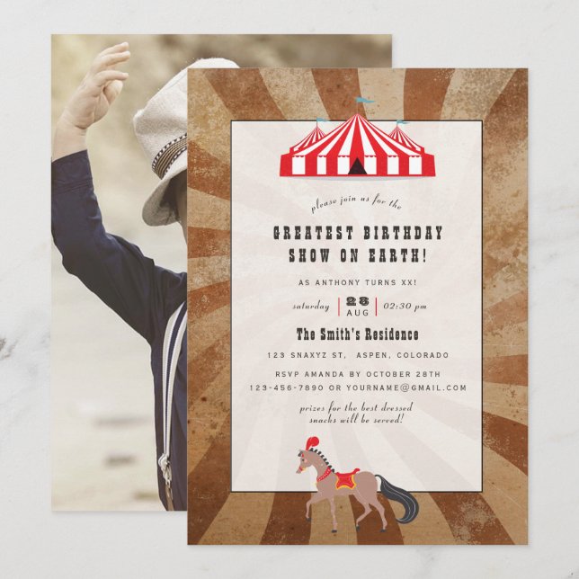Vintage Circus Themed Birthday Party Photo Invitation (Front/Back)