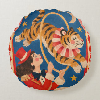 Vintage Circus Tiger and Ringmaster Funhaus Round Pillow