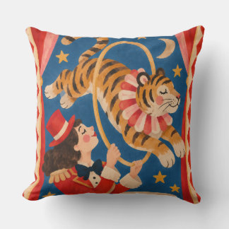 Vintage Circus Tiger and Ringmaster Funhaus Throw Pillow
