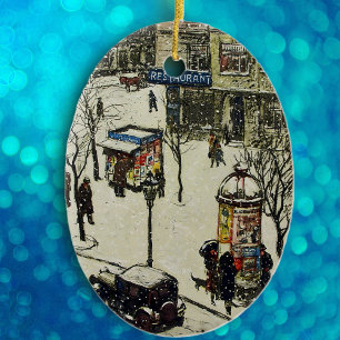 Vintage City Street Winter Scene Ceramic Ornament